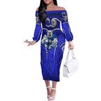 Canterbury Bankstown Bulldogs Rugby Off The Shoulder Long Sleeve Dress Polynesian Tribal Bulldog Warrior Blue Pattern