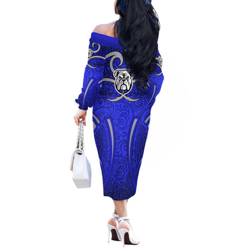 Canterbury Bankstown Bulldogs Rugby Off The Shoulder Long Sleeve Dress Polynesian Tribal Bulldog Warrior Blue Pattern