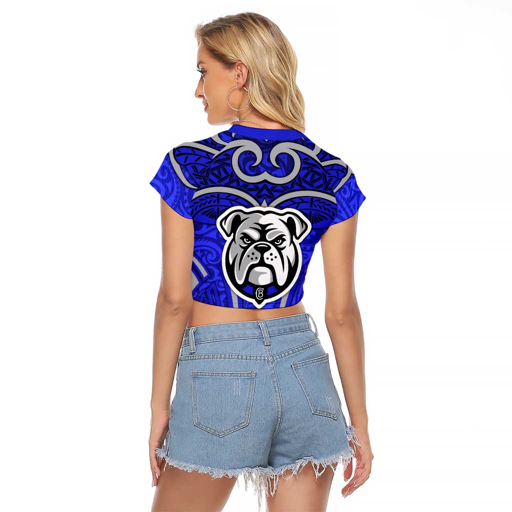 Canterbury Bankstown Bulldogs Rugby Raglan Cropped T Shirt Polynesian Tribal Bulldog Warrior Blue Pattern