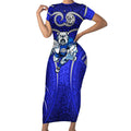 Canterbury Bankstown Bulldogs Rugby Short Sleeve Bodycon Dress Polynesian Tribal Bulldog Warrior Blue Pattern