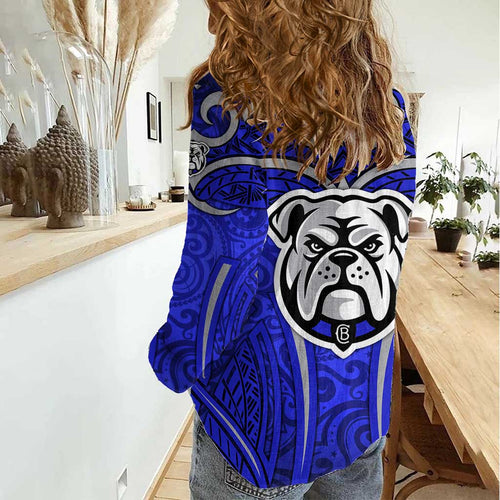 Canterbury Bankstown Bulldogs Rugby Women Casual Shirt Polynesian Tribal Bulldog Warrior Blue Pattern