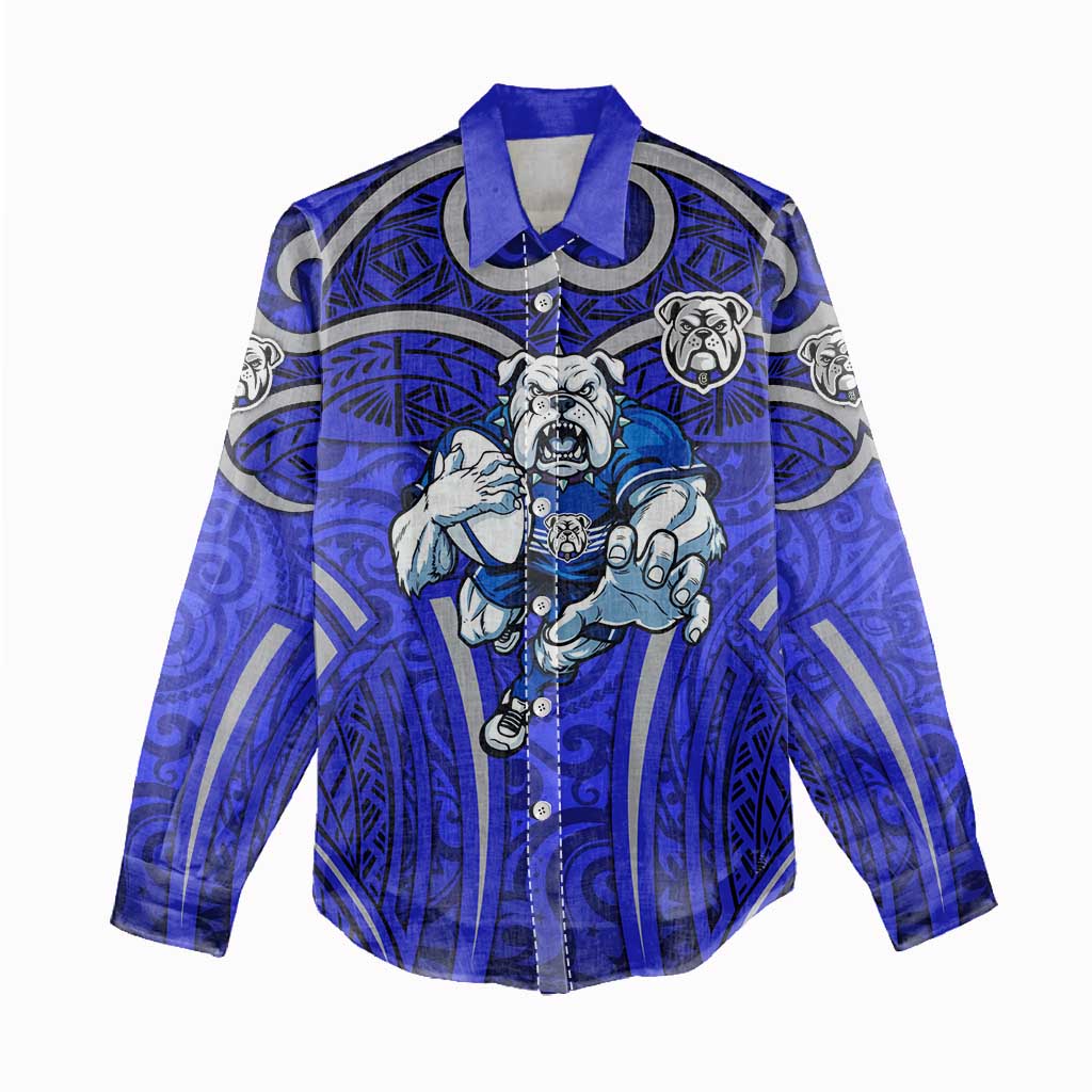 Canterbury Bankstown Bulldogs Rugby Women Casual Shirt Polynesian Tribal Bulldog Warrior Blue Pattern