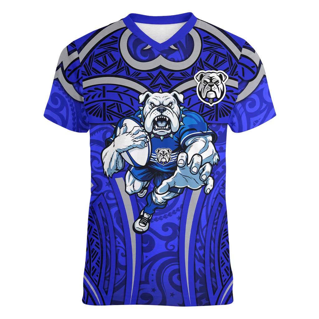 Canterbury Bankstown Bulldogs Rugby Women V-Neck T-Shirt Polynesian Tribal Bulldog Warrior Blue Pattern