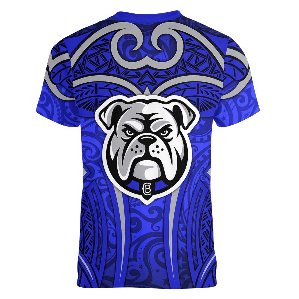 Canterbury Bankstown Bulldogs Rugby Women V-Neck T-Shirt Polynesian Tribal Bulldog Warrior Blue Pattern