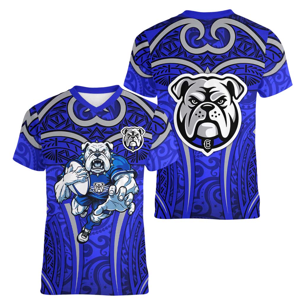 Canterbury Bankstown Bulldogs Rugby Women V-Neck T-Shirt Polynesian Tribal Bulldog Warrior Blue Pattern