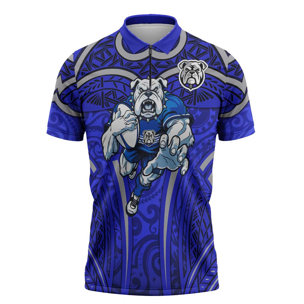 Canterbury Bankstown Bulldogs Rugby Zipper Polo Shirt Polynesian Tribal Bulldog Warrior Blue Pattern