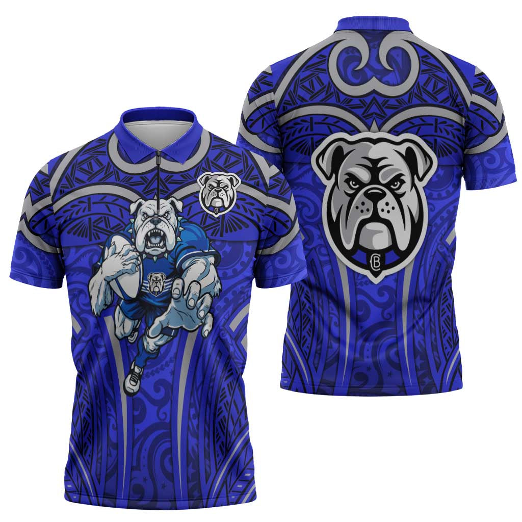 Canterbury Bankstown Bulldogs Rugby Zipper Polo Shirt Polynesian Tribal Bulldog Warrior Blue Pattern