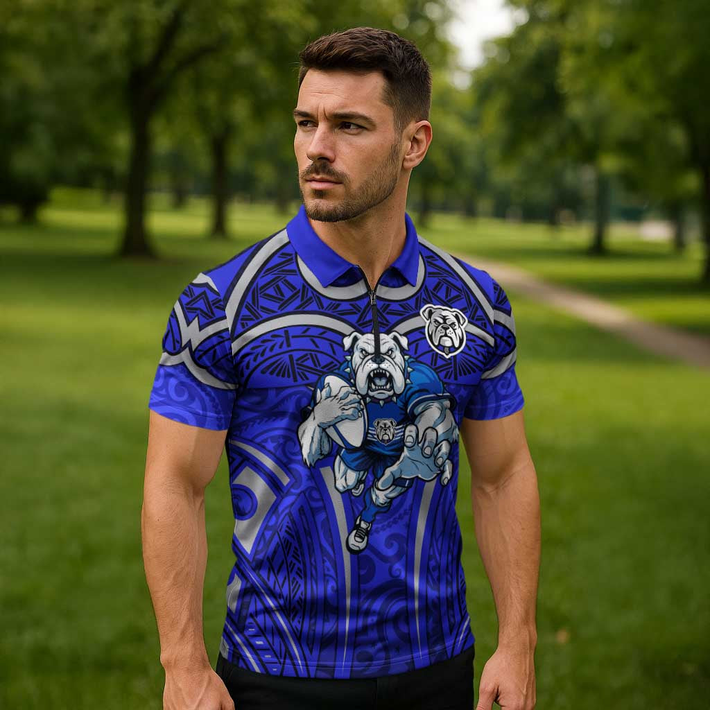 Canterbury Bankstown Bulldogs Rugby Zipper Polo Shirt Polynesian Tribal Bulldog Warrior Blue Pattern