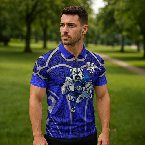 Canterbury Bankstown Bulldogs Rugby Zipper Polo Shirt Polynesian Tribal Bulldog Warrior Blue Pattern