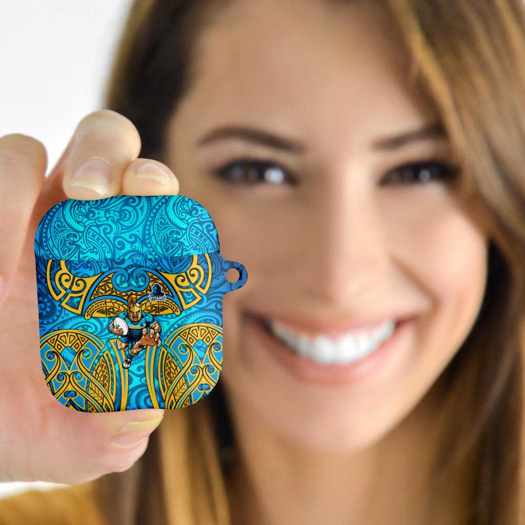 Gold Coast Titans Rugby AirPods Case Polynesian Tribal Spartan Warrior Blue Gold Pattern