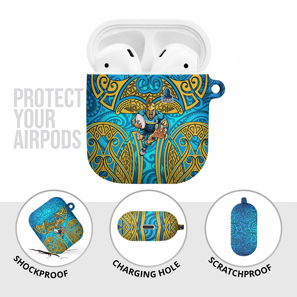 Gold Coast Titans Rugby AirPods Case Polynesian Tribal Spartan Warrior Blue Gold Pattern