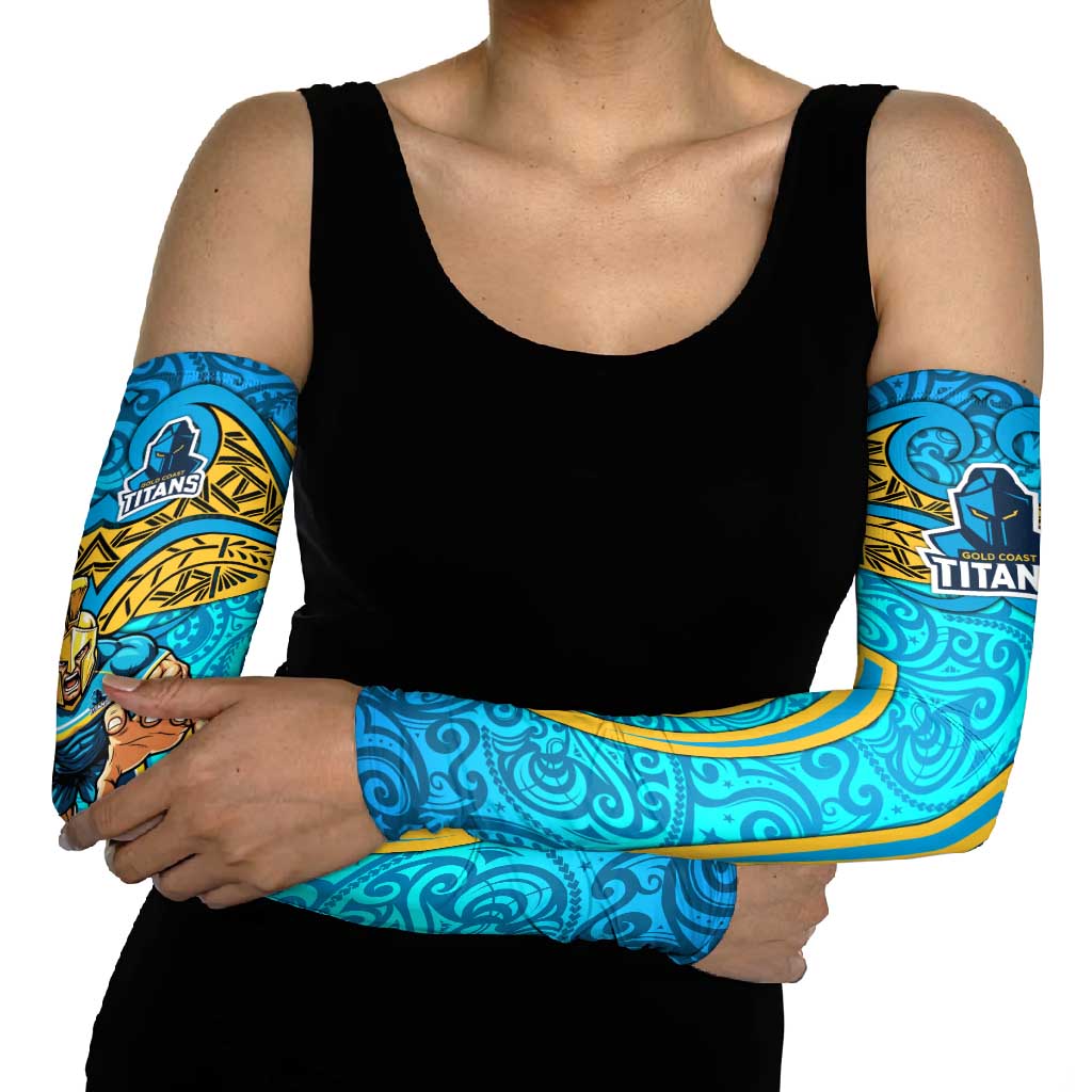 Gold Coast Titans Rugby Arm Sleeves Polynesian Tribal Spartan Warrior Blue Gold Pattern