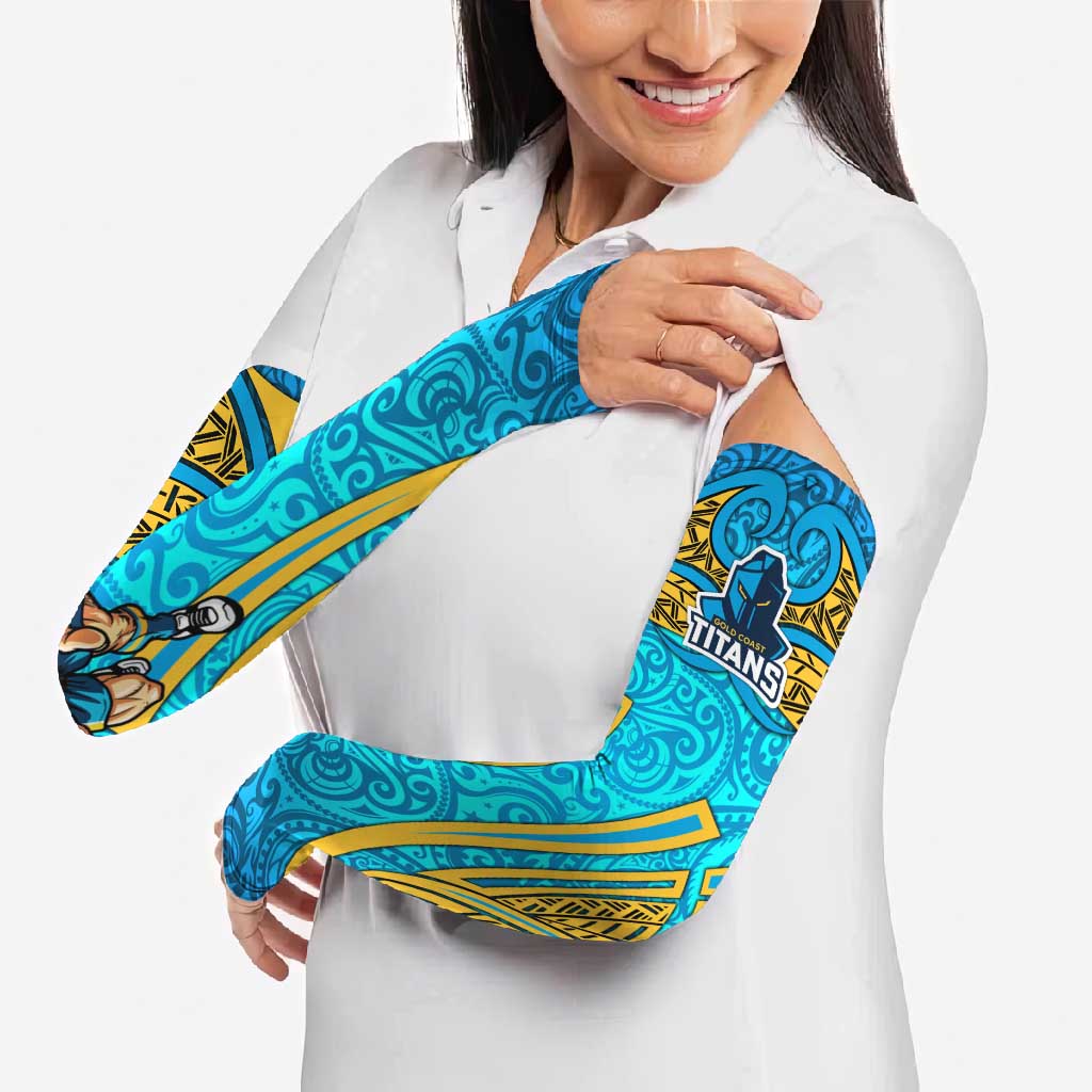 Gold Coast Titans Rugby Arm Sleeves Polynesian Tribal Spartan Warrior Blue Gold Pattern