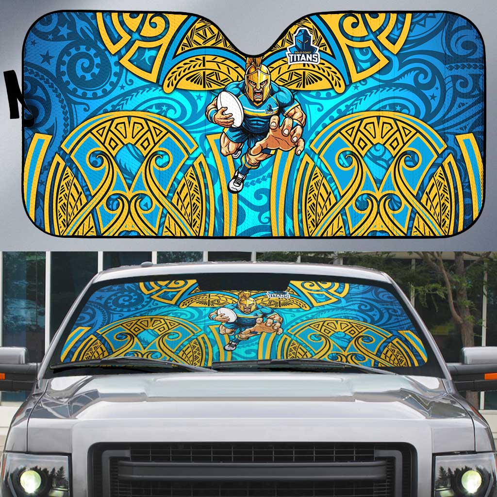 Gold Coast Titans Rugby Auto Sun Shade Polynesian Tribal Spartan Warrior Blue Gold Pattern