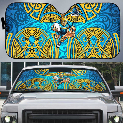Gold Coast Titans Rugby Auto Sun Shade Polynesian Tribal Spartan Warrior Blue Gold Pattern