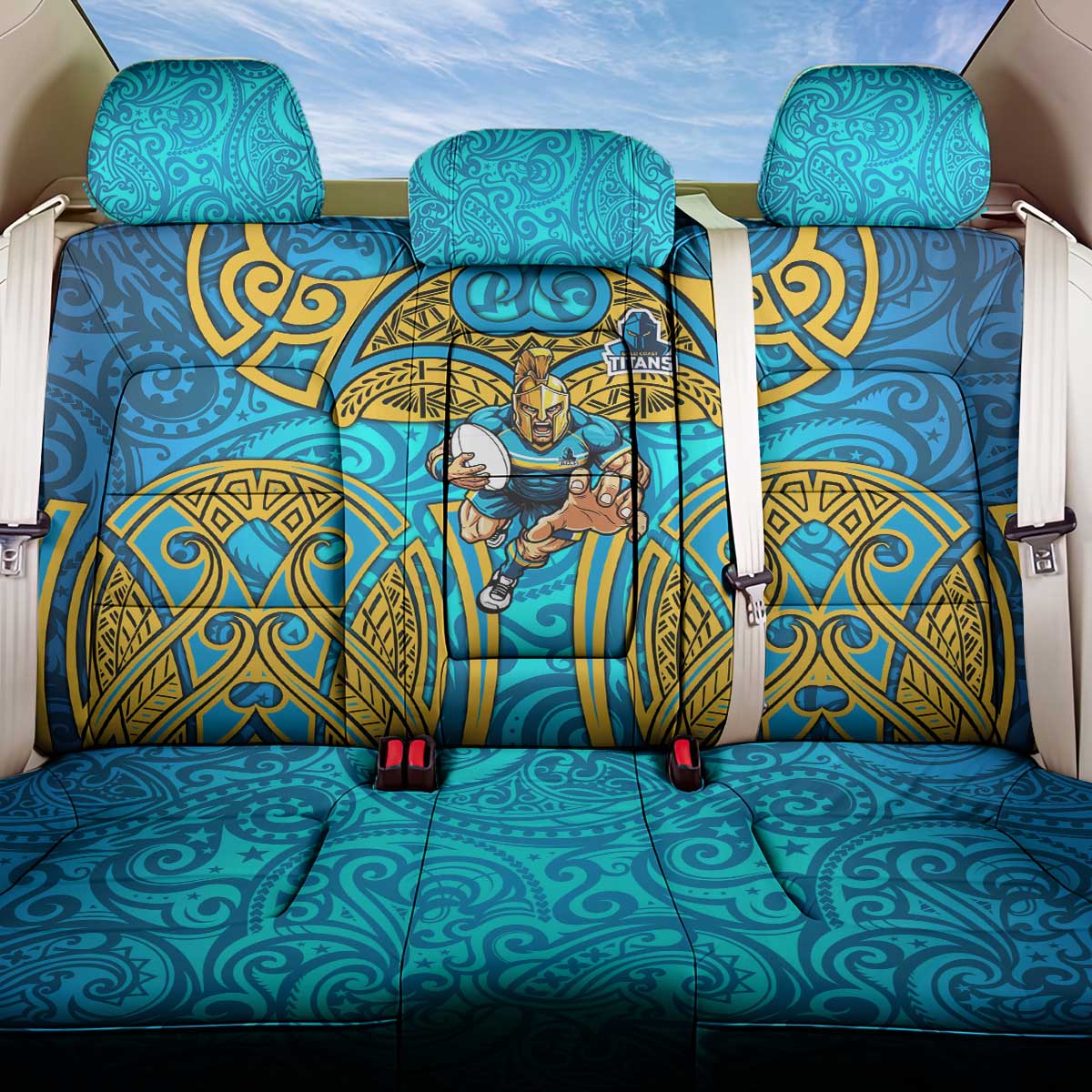 Gold Coast Titans Rugby Back Car Seat Cover Polynesian Tribal Spartan Warrior Blue Gold Pattern