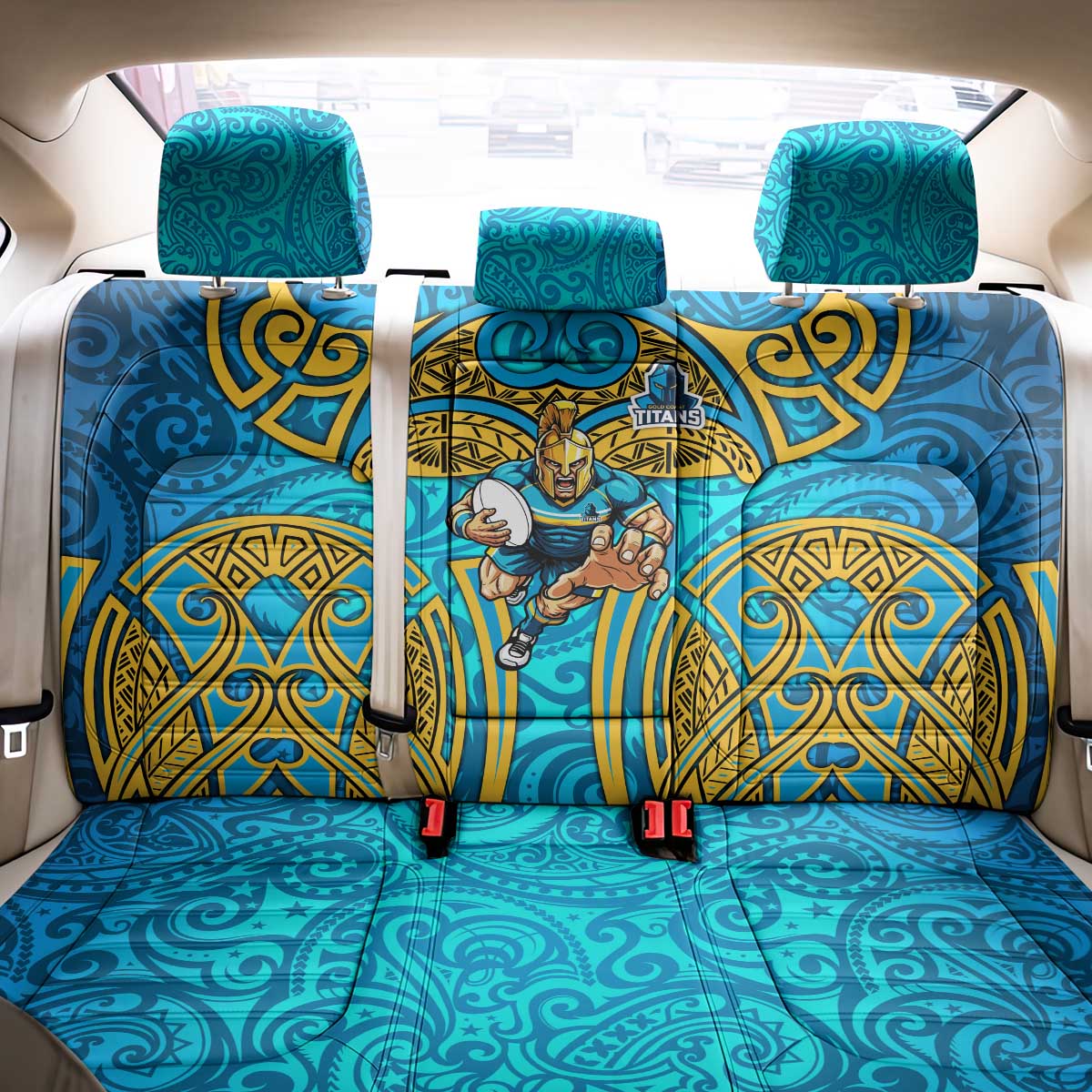 Gold Coast Titans Rugby Back Car Seat Cover Polynesian Tribal Spartan Warrior Blue Gold Pattern