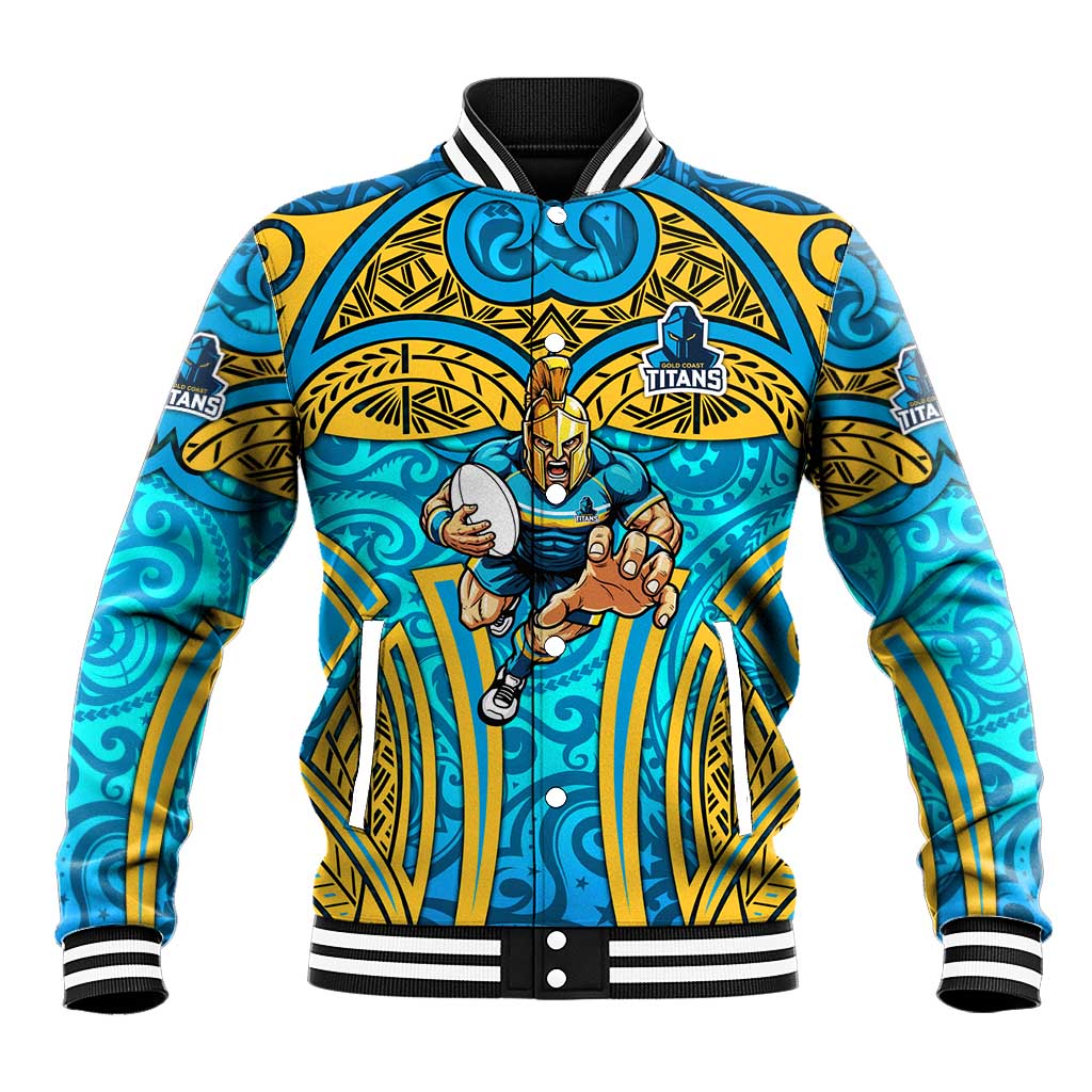 Gold Coast Titans Rugby Baseball Jacket Polynesian Tribal Spartan Warrior Blue Gold Pattern