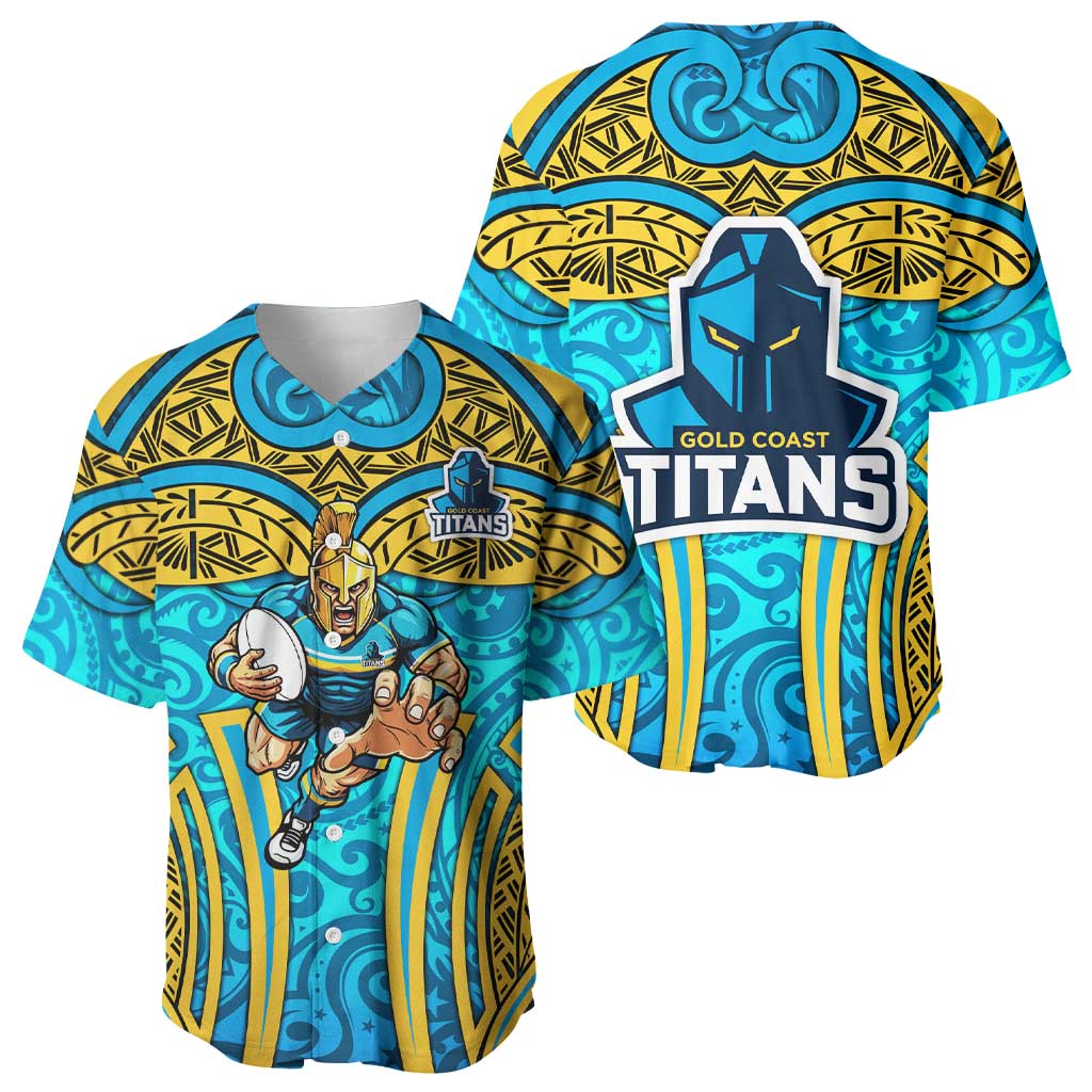 Gold Coast Titans Rugby Baseball Jersey Polynesian Tribal Spartan Warrior Blue Gold Pattern