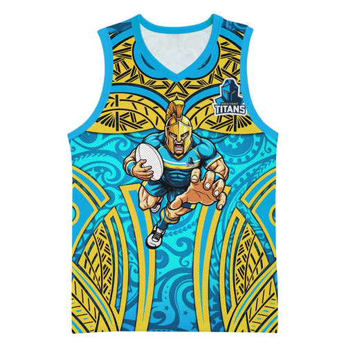 Gold Coast Titans Rugby Basketball Jersey Polynesian Tribal Spartan Warrior Blue Gold Pattern