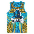 Gold Coast Titans Rugby Basketball Jersey Polynesian Tribal Spartan Warrior Blue Gold Pattern