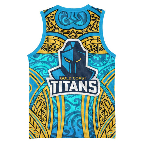 Gold Coast Titans Rugby Basketball Jersey Polynesian Tribal Spartan Warrior Blue Gold Pattern
