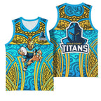 Gold Coast Titans Rugby Basketball Jersey Polynesian Tribal Spartan Warrior Blue Gold Pattern