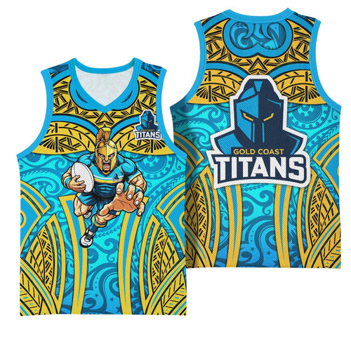 Gold Coast Titans Rugby Basketball Jersey Polynesian Tribal Spartan Warrior Blue Gold Pattern
