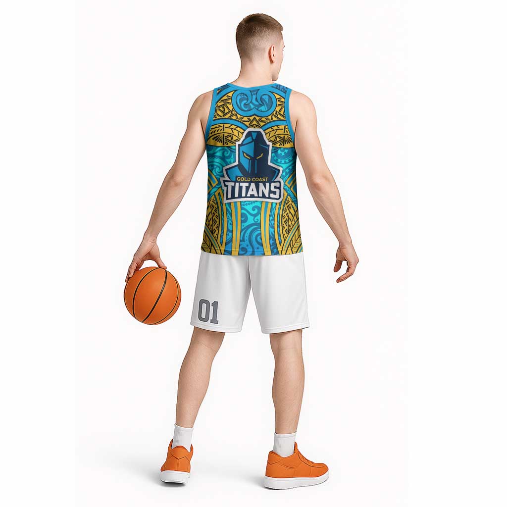 Gold Coast Titans Rugby Basketball Jersey Polynesian Tribal Spartan Warrior Blue Gold Pattern