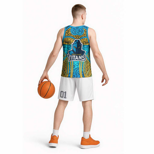 Gold Coast Titans Rugby Basketball Jersey Polynesian Tribal Spartan Warrior Blue Gold Pattern
