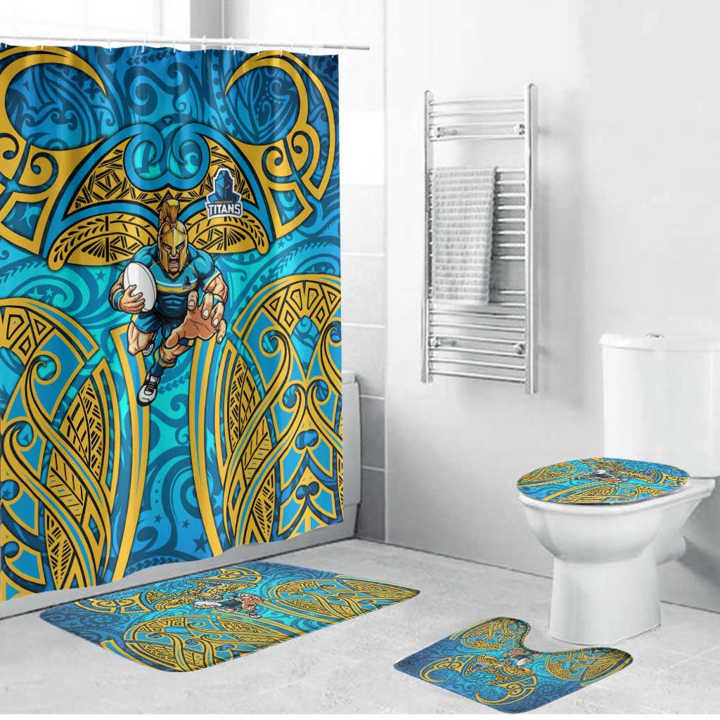 Gold Coast Titans Rugby Bathroom Set Polynesian Tribal Spartan Warrior Blue Gold Pattern