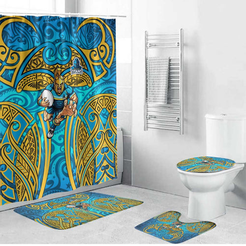 Gold Coast Titans Rugby Bathroom Set Polynesian Tribal Spartan Warrior Blue Gold Pattern