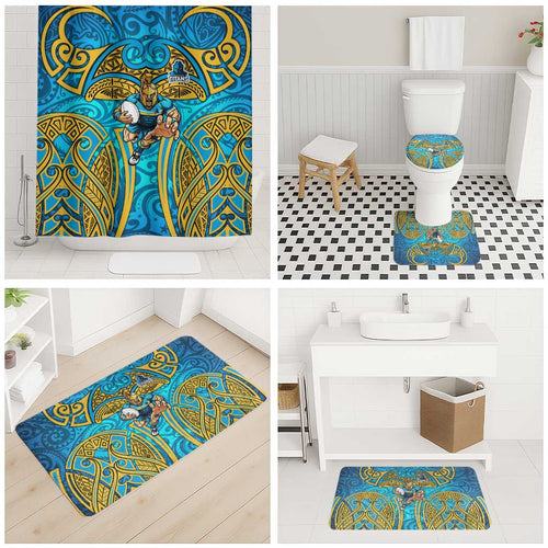 Gold Coast Titans Rugby Bathroom Set Polynesian Tribal Spartan Warrior Blue Gold Pattern