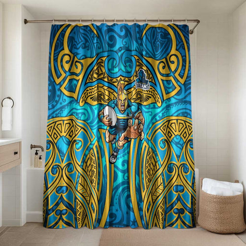 Gold Coast Titans Rugby Bathroom Set Polynesian Tribal Spartan Warrior Blue Gold Pattern