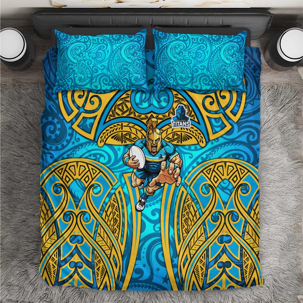 Gold Coast Titans Rugby Bedding Set Polynesian Tribal Spartan Warrior Blue Gold Pattern