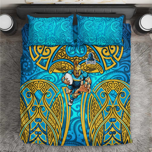 Gold Coast Titans Rugby Bedding Set Polynesian Tribal Spartan Warrior Blue Gold Pattern