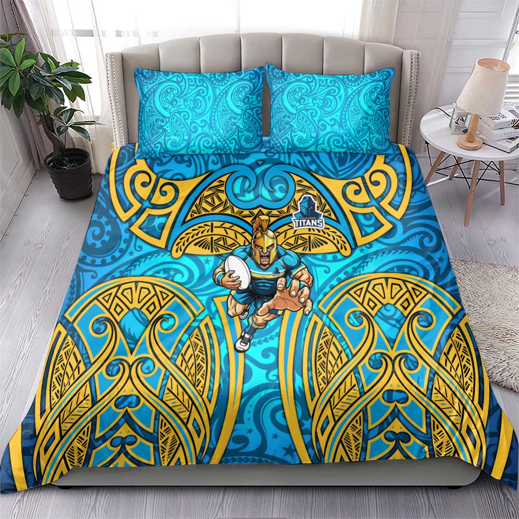 Gold Coast Titans Rugby Bedding Set Polynesian Tribal Spartan Warrior Blue Gold Pattern