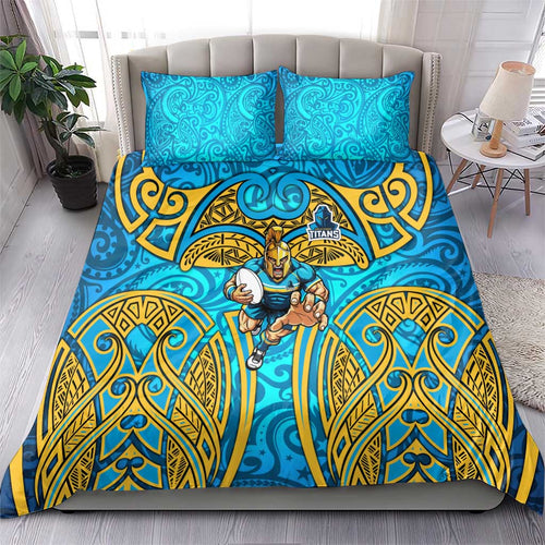 Gold Coast Titans Rugby Bedding Set Polynesian Tribal Spartan Warrior Blue Gold Pattern