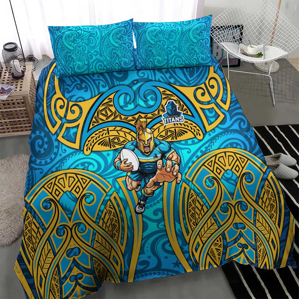Gold Coast Titans Rugby Bedding Set Polynesian Tribal Spartan Warrior Blue Gold Pattern