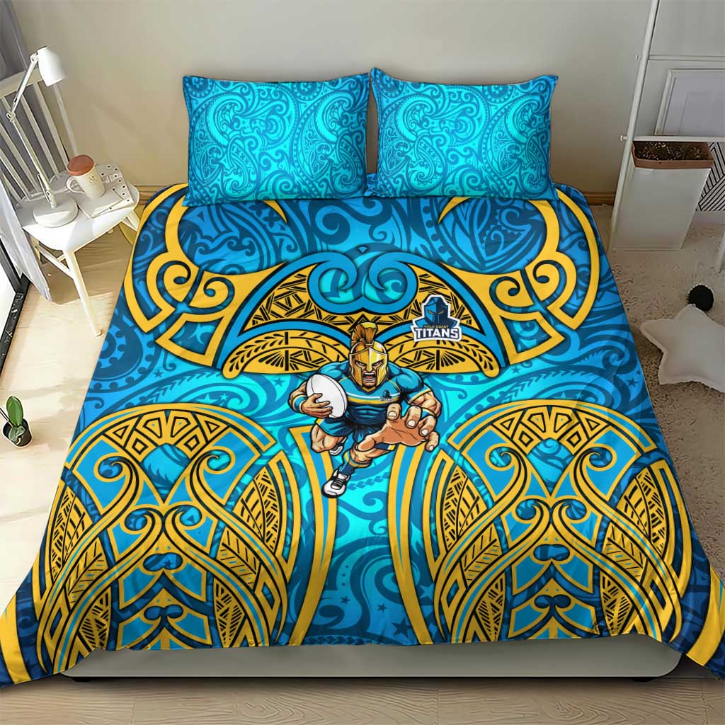 Gold Coast Titans Rugby Bedding Set Polynesian Tribal Spartan Warrior Blue Gold Pattern