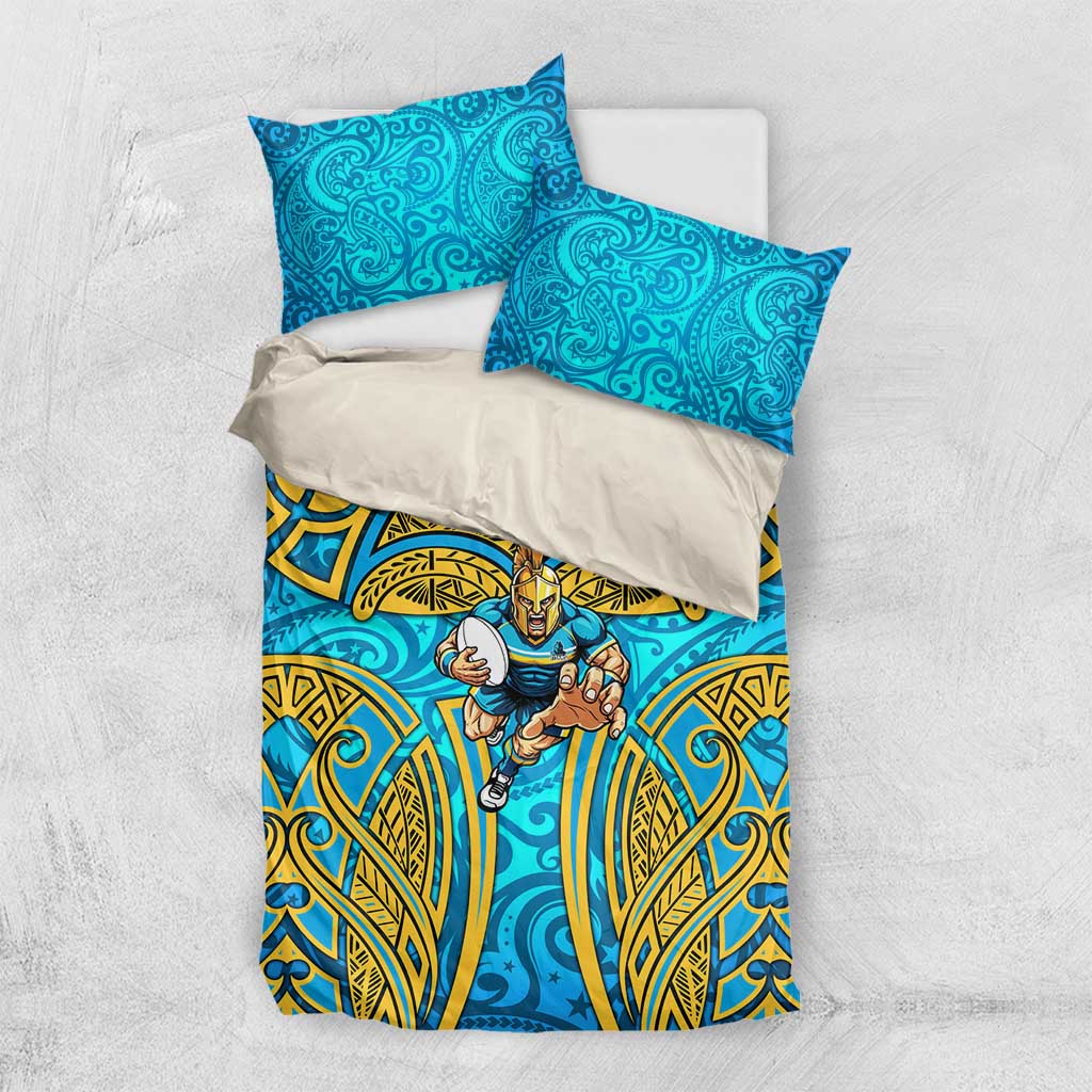 Gold Coast Titans Rugby Bedding Set Polynesian Tribal Spartan Warrior Blue Gold Pattern