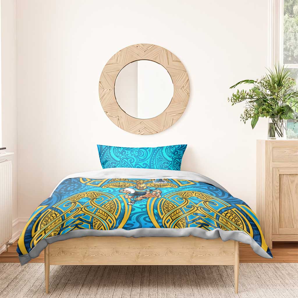 Gold Coast Titans Rugby Bedding Set Polynesian Tribal Spartan Warrior Blue Gold Pattern