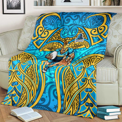 Gold Coast Titans Rugby Blanket Polynesian Tribal Spartan Warrior Blue Gold Pattern