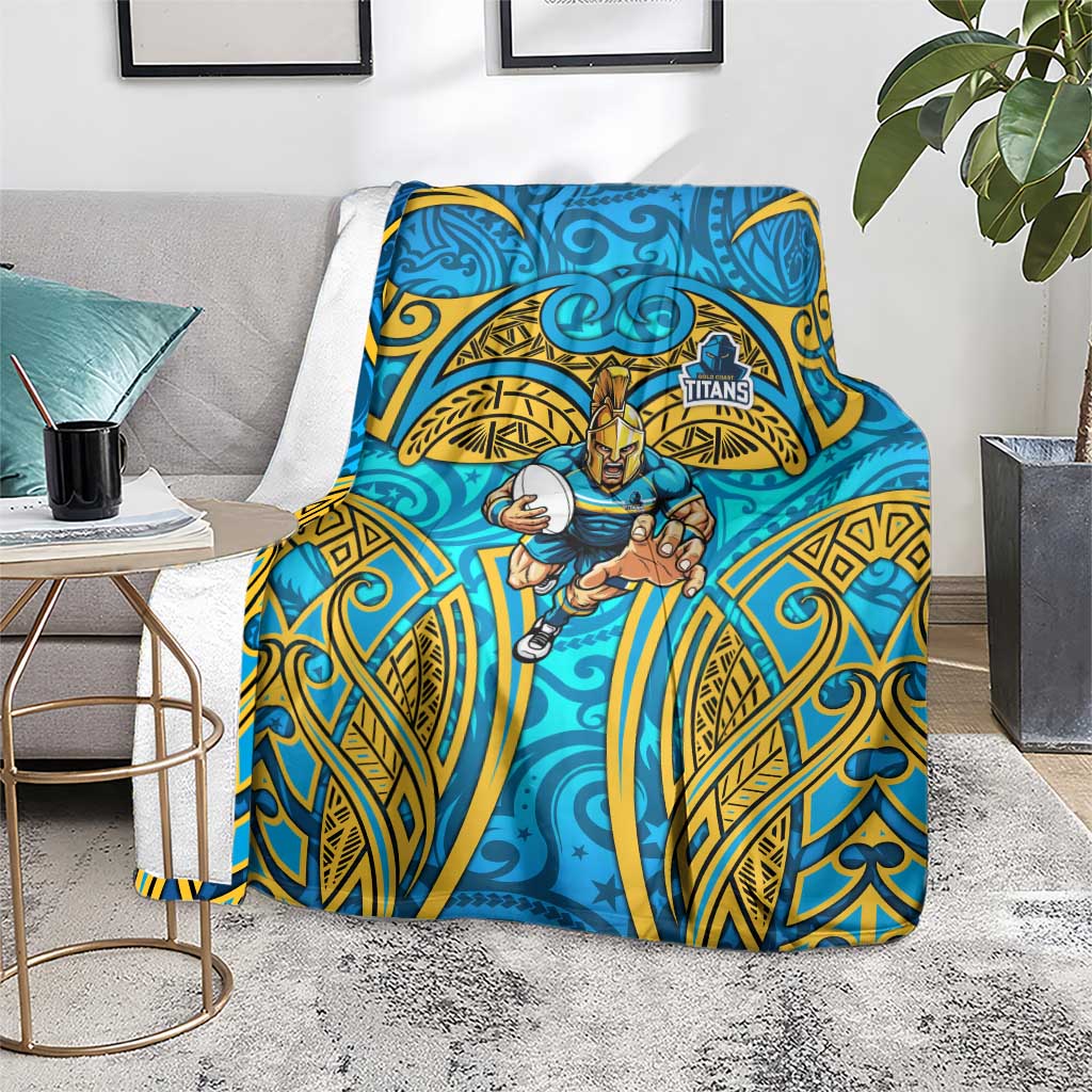 Gold Coast Titans Rugby Blanket Polynesian Tribal Spartan Warrior Blue Gold Pattern