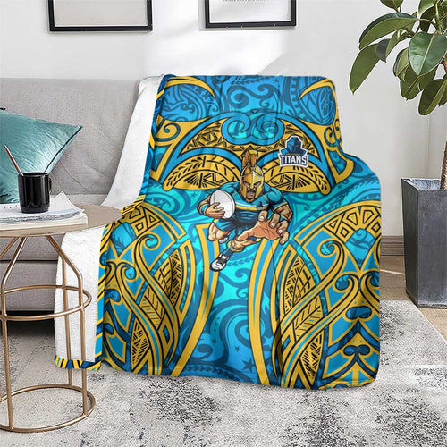 Gold Coast Titans Rugby Blanket Polynesian Tribal Spartan Warrior Blue Gold Pattern