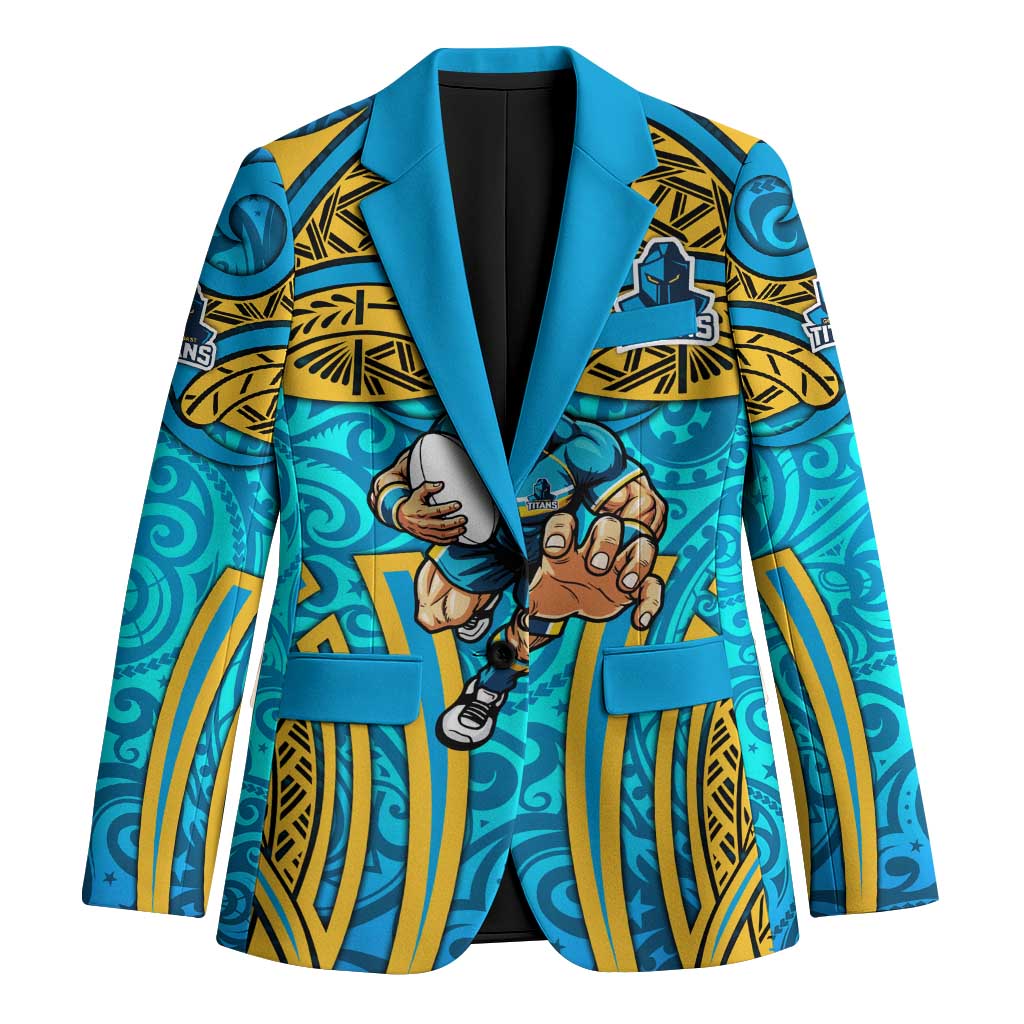 Gold Coast Titans Rugby Blazer Polynesian Tribal Spartan Warrior Blue Gold Pattern