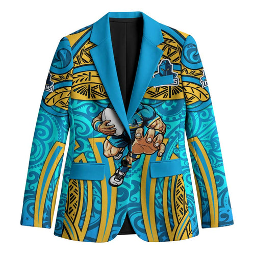 Gold Coast Titans Rugby Blazer Polynesian Tribal Spartan Warrior Blue Gold Pattern