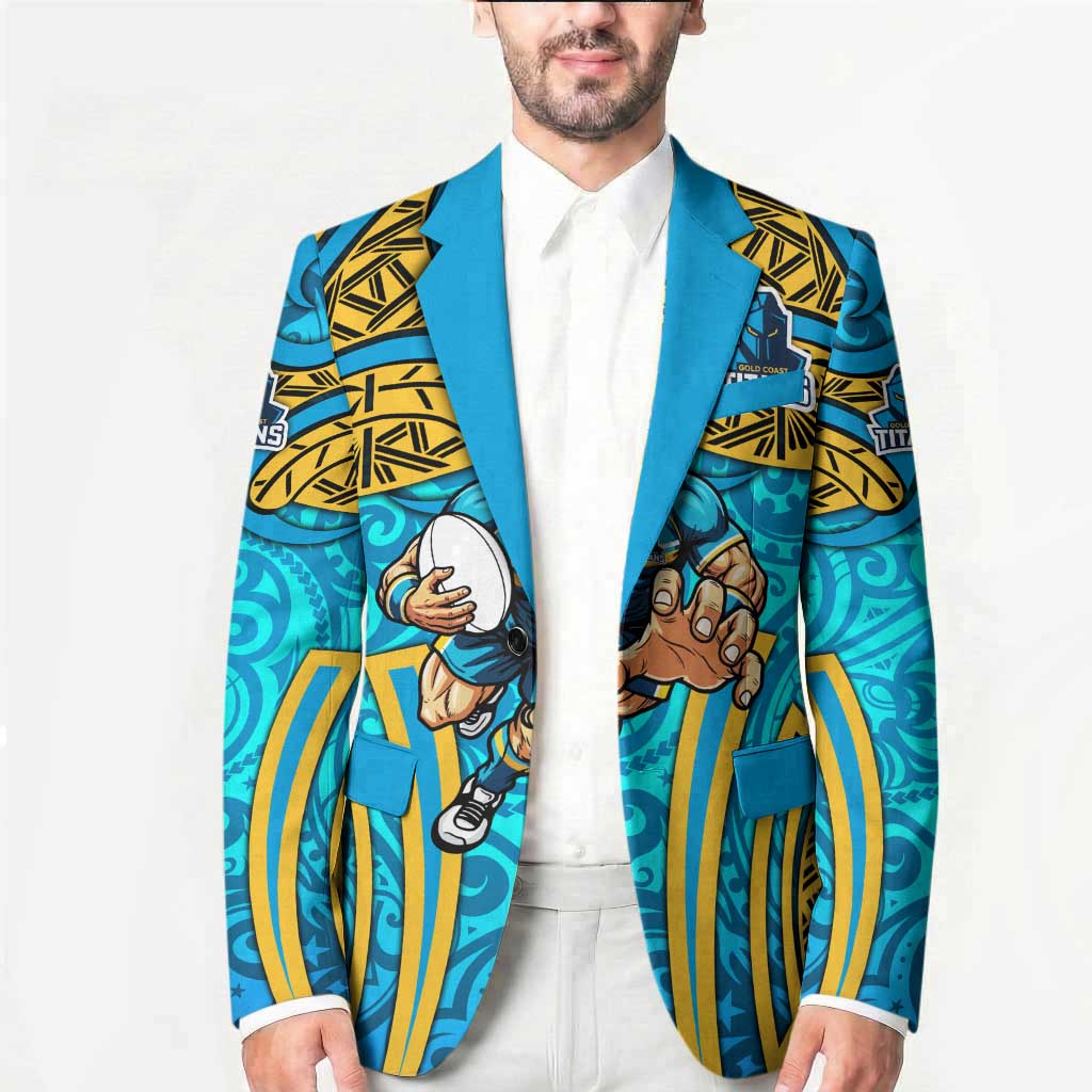 Gold Coast Titans Rugby Blazer Polynesian Tribal Spartan Warrior Blue Gold Pattern