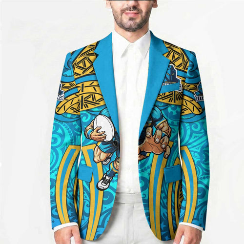Gold Coast Titans Rugby Blazer Polynesian Tribal Spartan Warrior Blue Gold Pattern