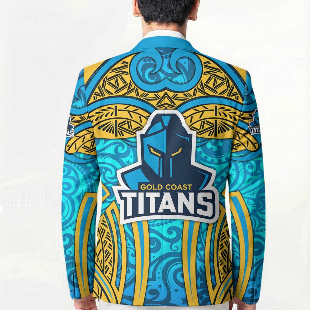 Gold Coast Titans Rugby Blazer Polynesian Tribal Spartan Warrior Blue Gold Pattern